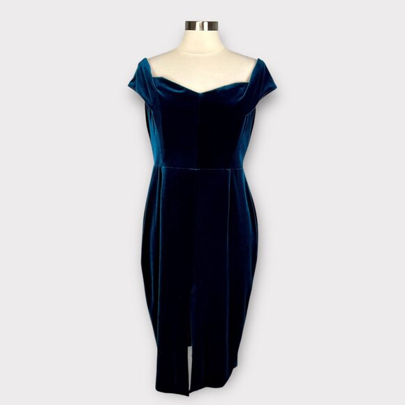 Nicholas Womans Velvet Off Shoulder Midi Dress Teal Blue Cocktail size 12 - Picture 2 of 16